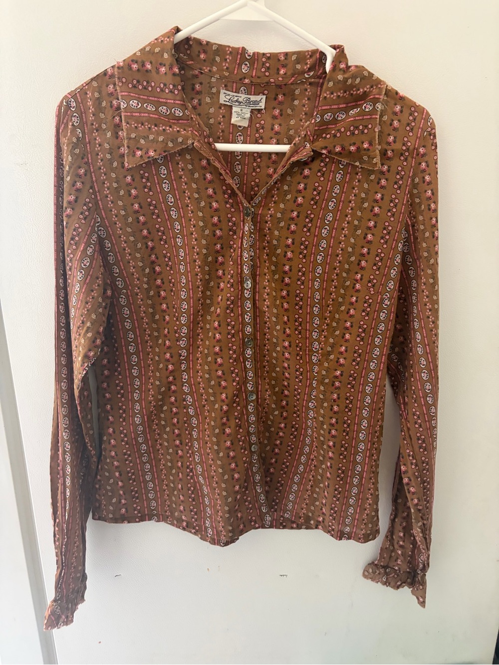 Y2K Lucky Brand Brown Printed Button-Up Shirt 🍁🍂-